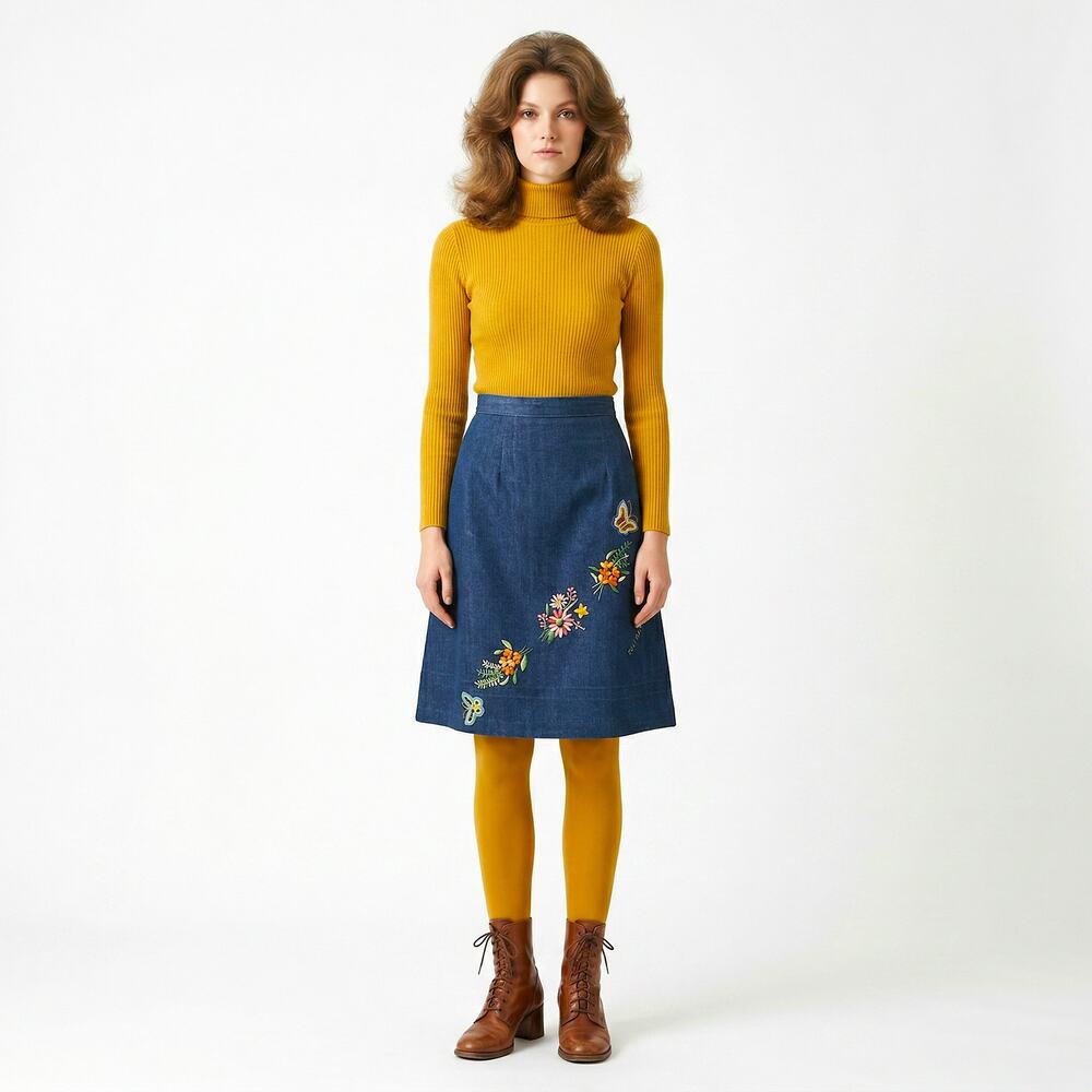 Vintage 1970s Embroidered Denim Skirt Butterflies Floral | XS | w 25.5"